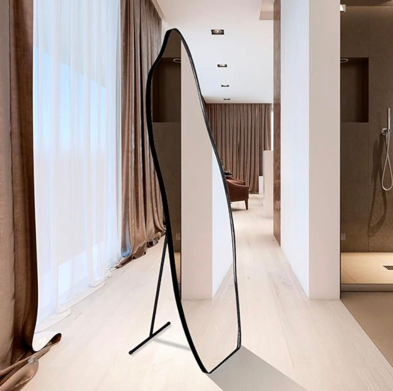 Organic Shape Freestanding Full-Length Mirror with Black Frame – Modern Floor Mirror