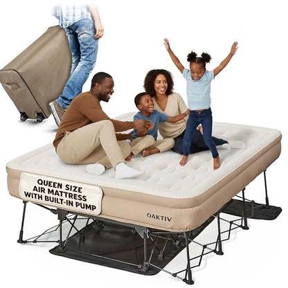 Queen Size Raised Air Mattress with Built-In Battery Pump Quick Setup Portable Bed
