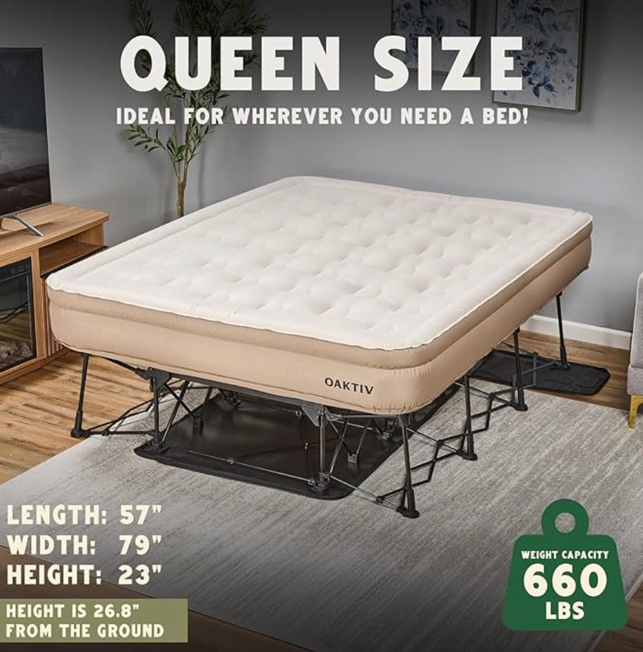 Queen Size Raised Air Mattress with Built-In Battery Pump Quick Setup Portable Bed