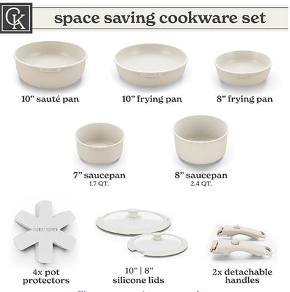Space-Saving Non-Stick Cookware Set with Detachable Handles 12-Piece Everyday Kitchen Set